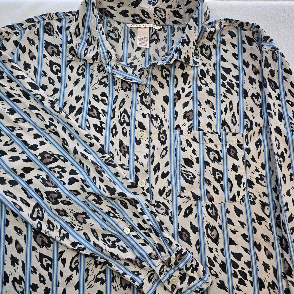Victoria's Secret Leopard Stripe Pajama Top L Button Down Long Sleeve Animal...